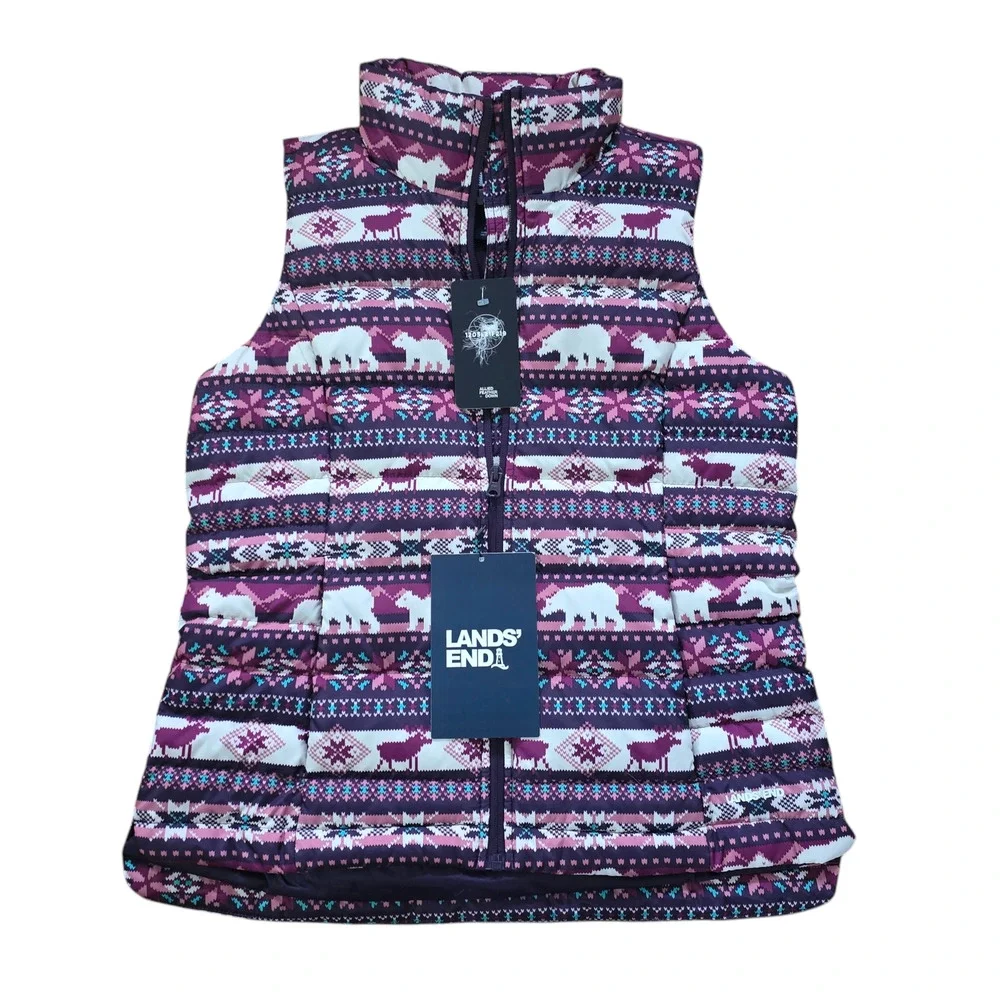 NWT, Lands End Women's 600 Down Puffer Vest Purple Moose Bear, Size Small - Picture 1 of 6